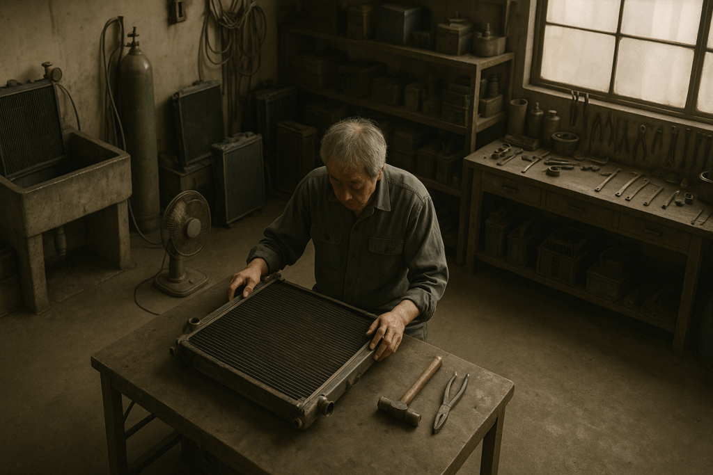 老人が自動車用ラジエター修理工場で作業をしている